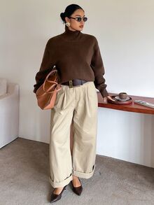 Dazy Plus Solid Color Business Casual Versatile Turtleneck Pullover Sweater, Autumn/Winter New Brown - Brown - View 3