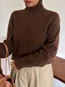 Dazy Plus Solid Color Business Casual Versatile Turtleneck Pullover Sweater, Autumn/Winter New Brown - Brown - View 5