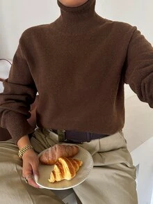 Dazy Plus Solid Color Business Casual Versatile Turtleneck Pullover Sweater, Autumn/Winter New Brown - Brown - View 6
