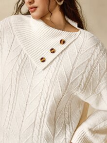 Linhara CURVE كنزة صوفية محبوكة بياقة غير متماثلة وأزرار للنساء بمقاس كبير للشتاء - بيج - مشاهدة 6