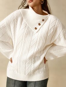 Linhara CURVE كنزة صوفية محبوكة بياقة غير متماثلة وأزرار للنساء بمقاس كبير للشتاء - بيج - مشاهدة 5