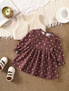 SHEIN Baby Girl 2pcs Set Reversible Plush Jacket & Polka Dot Long Sleeve Waist-Cinching Autumn Dress, Suitable For Winter - Brown - View 3