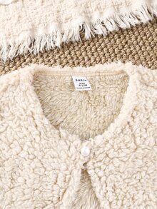 SHEIN Baby Girl 2pcs Set Reversible Plush Jacket & Polka Dot Long Sleeve Waist-Cinching Autumn Dress, Suitable For Winter - Brown - View 5