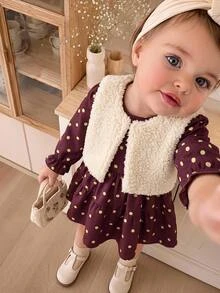 SHEIN Baby Girl 2pcs Set Reversible Plush Jacket & Polka Dot Long Sleeve Waist-Cinching Autumn Dress, Suitable For Winter - Brown - View 1