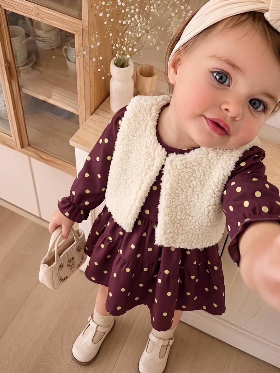 SHEIN Baby Girl 2pcs Set Reversible Plush Jacket & Polka Dot Long Sleeve Waist-Cinching Autumn Dress, Suitable For Winter - Brown - View 1
