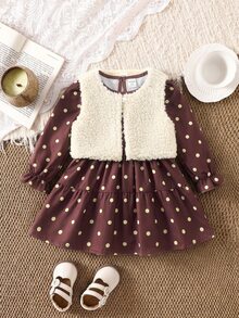 SHEIN Baby Girl 2pcs Set Reversible Plush Jacket & Polka Dot Long Sleeve Waist-Cinching Autumn Dress, Suitable For Winter - Brown - View 7