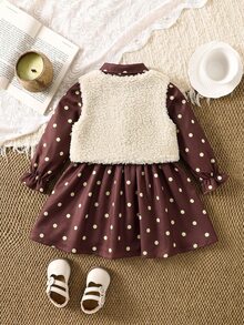 SHEIN Baby Girl 2pcs Set Reversible Plush Jacket & Polka Dot Long Sleeve Waist-Cinching Autumn Dress, Suitable For Winter - Brown - View 2