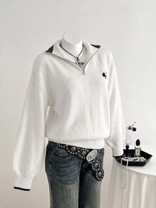 Elamini 女款半拉鍊寬鬆休閒毛衣 - 白色 - 查看 1