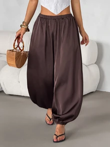 SHEIN PETITE Women's Petite Brown Satin Harem-Style Trousers – Loose, Casual, And Work-Appropriate - Brown - View 8