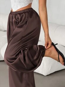 SHEIN PETITE Women's Petite Brown Satin Harem-Style Trousers – Loose, Casual, And Work-Appropriate - Brown - View 3