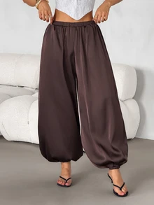 SHEIN PETITE Women's Petite Brown Satin Harem-Style Trousers – Loose, Casual, And Work-Appropriate - Brown - View 5