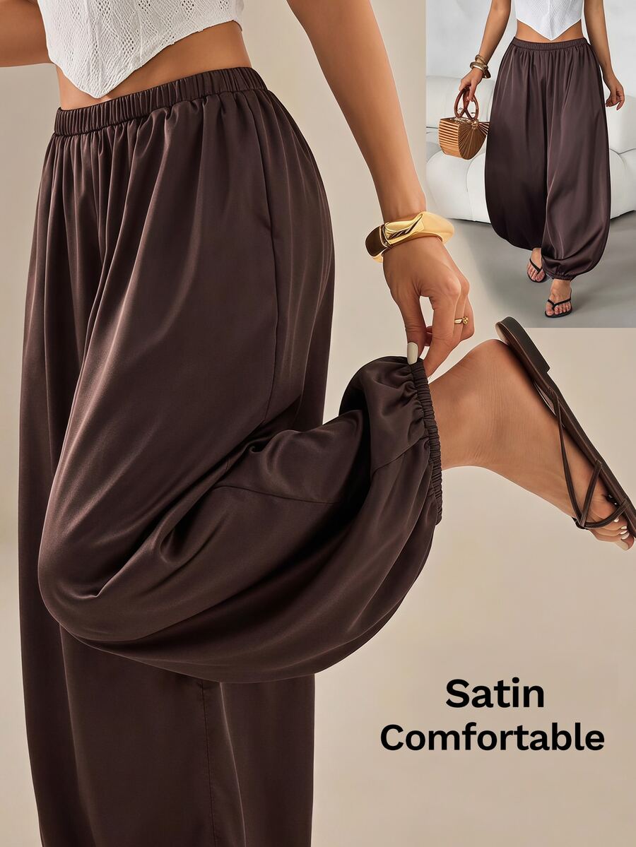 SHEIN PETITE Women's Petite Brown Satin Harem-Style Trousers – Loose, Casual, And Work-Appropriate - Brown - View 1