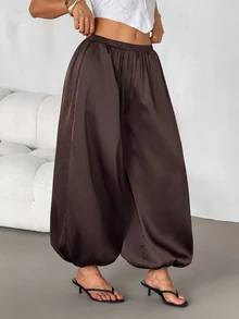 SHEIN PETITE Women's Petite Brown Satin Harem-Style Trousers – Loose, Casual, And Work-Appropriate - Brown - View 6