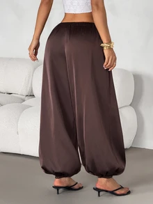 SHEIN PETITE Women's Petite Brown Satin Harem-Style Trousers – Loose, Casual, And Work-Appropriate - Brown - View 2