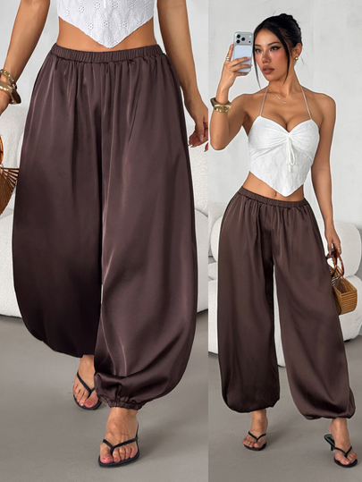 SHEIN PETITE Women's Petite Brown Satin Harem-Style Trousers – Loose, Casual, And Work-Appropriate