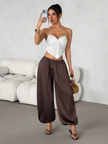 SHEIN PETITE Women's Petite Brown Satin Harem-Style Trousers – Loose, Casual, And Work-Appropriate - Brown - View 7