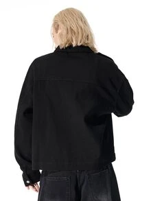 ROMWE MEN Goth 復古水洗牛仔休閒時尚百搭客製化盤扣舒適上衣 - 黑色 - 查看 6