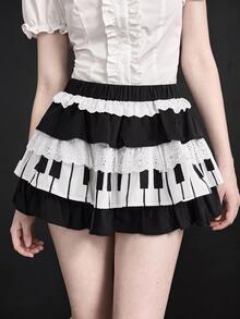 ROMWE Kawaii Spring/Summer Lolita Cute Sweet Piano Keyboard Cake Skirt For Women - Black and White - View 3