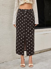 Selenza 女款波點圖案開衩下擺休閒法式90年代復古牛仔裙，早午餐穿搭，黑白波點秋季款，棉質波點復古牛仔裙 - 咖啡棕 - 查看 5