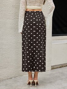 Selenza 女款波點圖案開衩下擺休閒法式90年代復古牛仔裙，早午餐穿搭，黑白波點秋季款，棉質波點復古牛仔裙 - 咖啡棕 - 查看 7