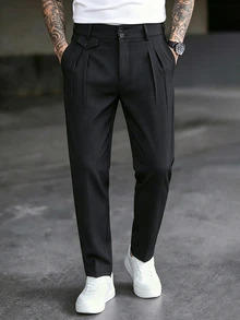 Manfinity Mode Men's Business Casual Solid Color Pleated Tapered Black Suit Pants, Perfect Gift Choice For Holidays - Black - View 1