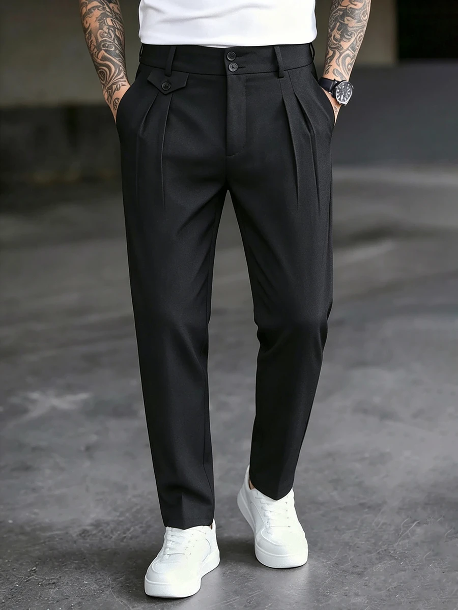 Manfinity Mode Men's Business Casual Solid Color Pleated Tapered Black Suit Pants, Perfect Gift Choice For Holidays - Black - View 1