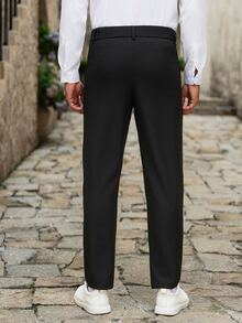 Manfinity Mode Men's Business Casual Solid Color Pleated Tapered Black Suit Pants, Perfect Gift Choice For Holidays - Black - View 2