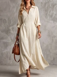 SHEIN Women's Cotton Blend Beige Collar V-Neck Drawstring Split Shirt Maxi Dress, Minimalist Dress For Spring Fall Casual Daily Wear - Apricot - View 3