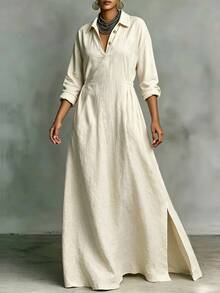 SHEIN Women's Cotton Blend Beige Collar V-Neck Drawstring Split Shirt Maxi Dress, Minimalist Dress For Spring Fall Casual Daily Wear - Apricot - View 6