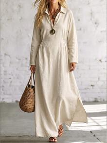 SHEIN Women's Cotton Blend Beige Collar V-Neck Drawstring Split Shirt Maxi Dress, Minimalist Dress For Spring Fall Casual Daily Wear - Apricot - View 4