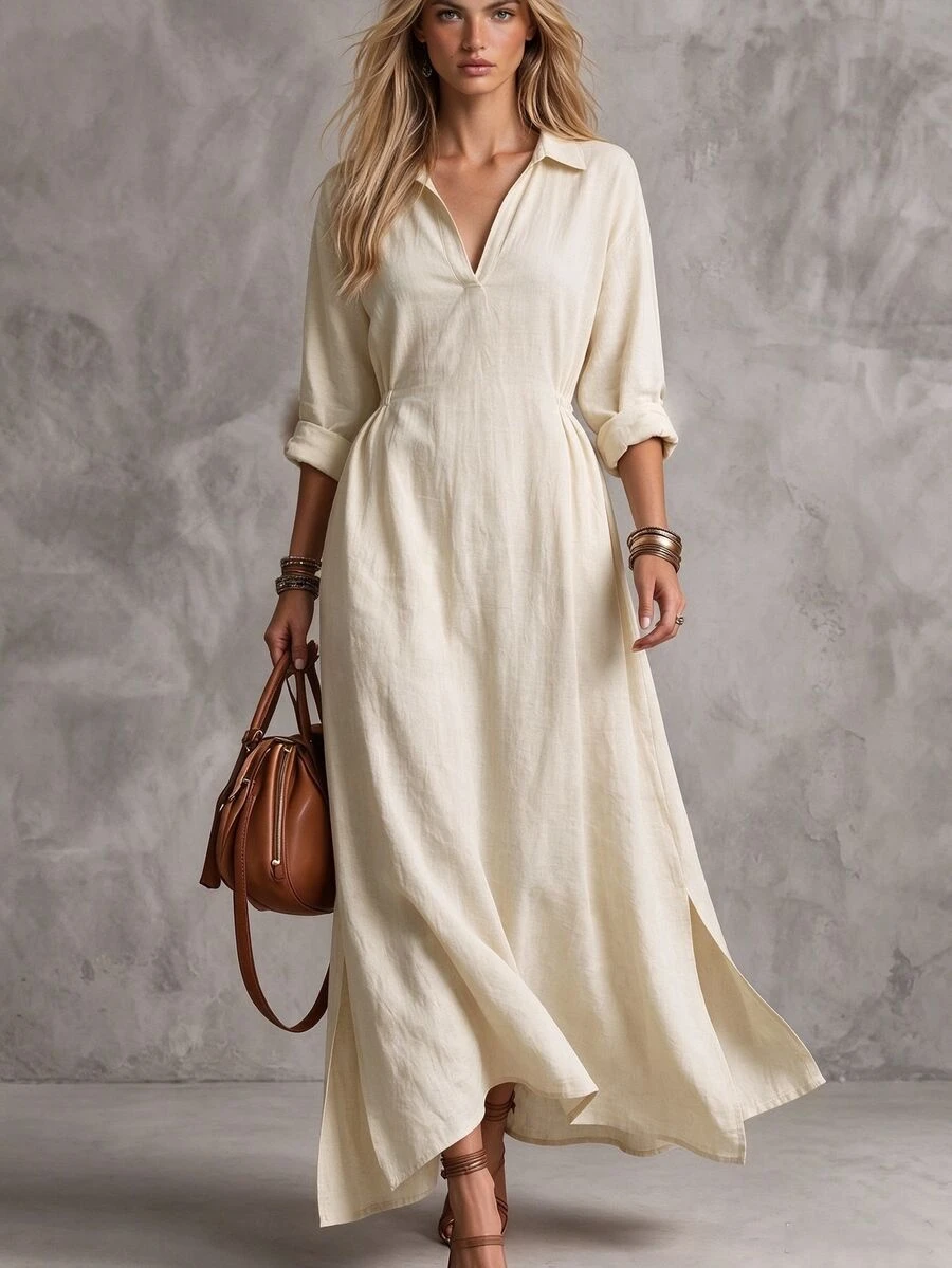 SHEIN Women's Cotton Blend Beige Collar V-Neck Drawstring Split Shirt Maxi Dress, Minimalist Dress For Spring Fall Casual Daily Wear - Apricot - View 1