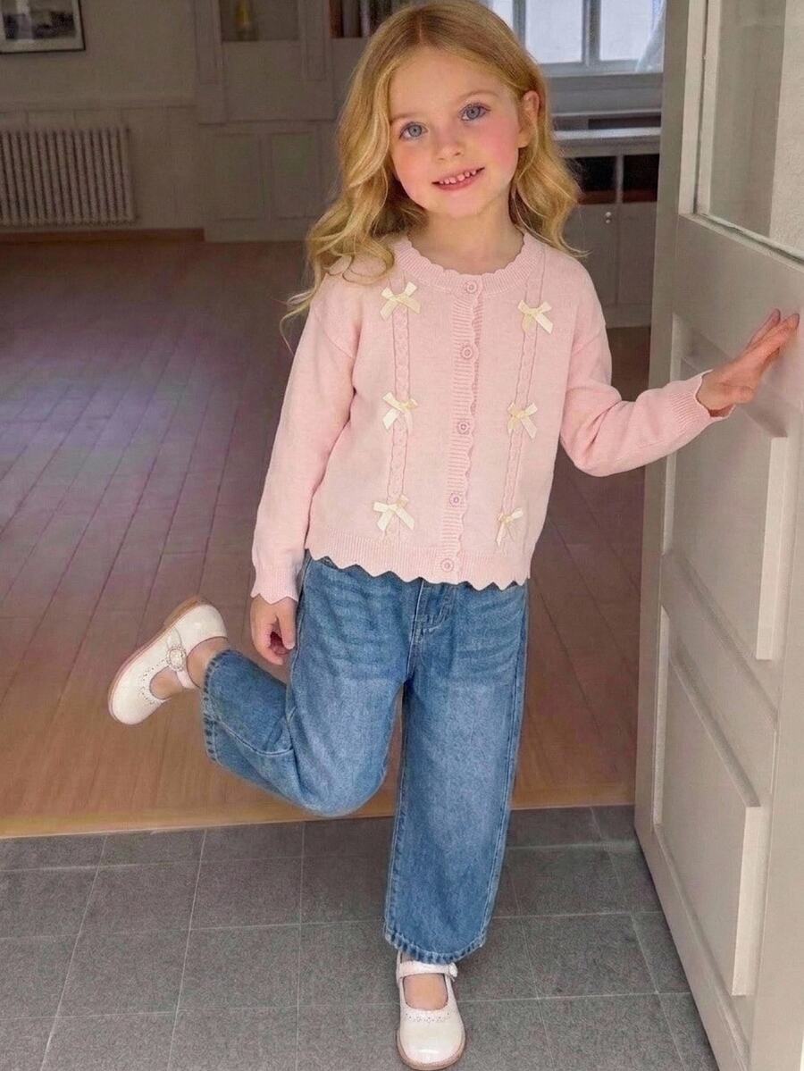 SHEIN 4-7 Years Old Girls Light Pink Twisted Rope 3D Light Yellow Bow Round Neck Knitted Cardigan Sweater Wavy Hem Long Sleeve Jacket Daily - Pink - View 1