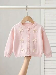 SHEIN 4-7 Years Old Girls Light Pink Twisted Rope 3D Light Yellow Bow Round Neck Knitted Cardigan Sweater Wavy Hem Long Sleeve Jacket Daily - Pink - View 8