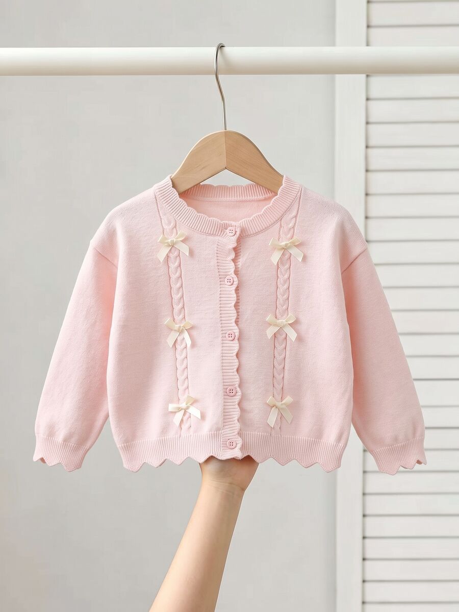 SHEIN 4-7 Years Old Girls Light Pink Twisted Rope 3D Light Yellow Bow Round Neck Knitted Cardigan Sweater Wavy Hem Long Sleeve Jacket Daily - Pink - View 1
