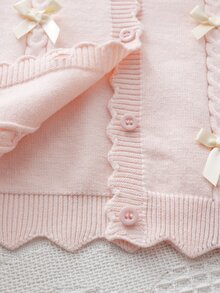 SHEIN 4-7 Years Old Girls Light Pink Twisted Rope 3D Light Yellow Bow Round Neck Knitted Cardigan Sweater Wavy Hem Long Sleeve Jacket Daily - Pink - View 7