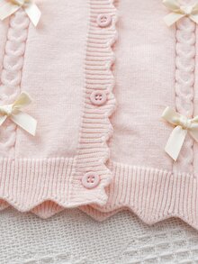 SHEIN 4-7 Years Old Girls Light Pink Twisted Rope 3D Light Yellow Bow Round Neck Knitted Cardigan Sweater Wavy Hem Long Sleeve Jacket Daily - Pink - View 6