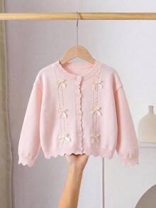 SHEIN 4-7 Years Old Girls Light Pink Twisted Rope 3D Light Yellow Bow Round Neck Knitted Cardigan Sweater Wavy Hem Long Sleeve Jacket Daily - Pink - View 4