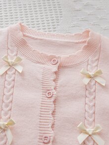 SHEIN 4-7 Years Old Girls Light Pink Twisted Rope 3D Light Yellow Bow Round Neck Knitted Cardigan Sweater Wavy Hem Long Sleeve Jacket Daily - Pink - View 5