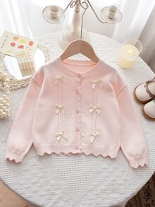 SHEIN 4-7 Years Old Girls Light Pink Twisted Rope 3D Light Yellow Bow Round Neck Knitted Cardigan Sweater Wavy Hem Long Sleeve Jacket Daily - Pink - View 3