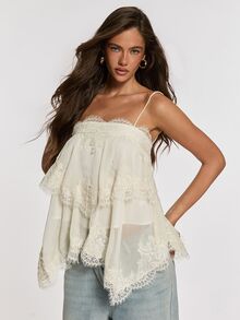 Opulessa Women's Lace Patchwork Casual Versatile Daily Wear Camisole Top - Beige - View 3