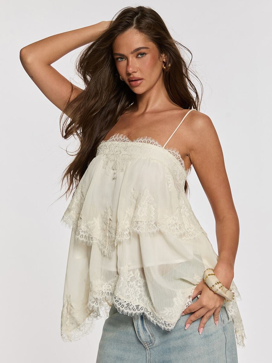 Opulessa Women's Lace Patchwork Casual Versatile Daily Wear Camisole Top - Beige - View 1
