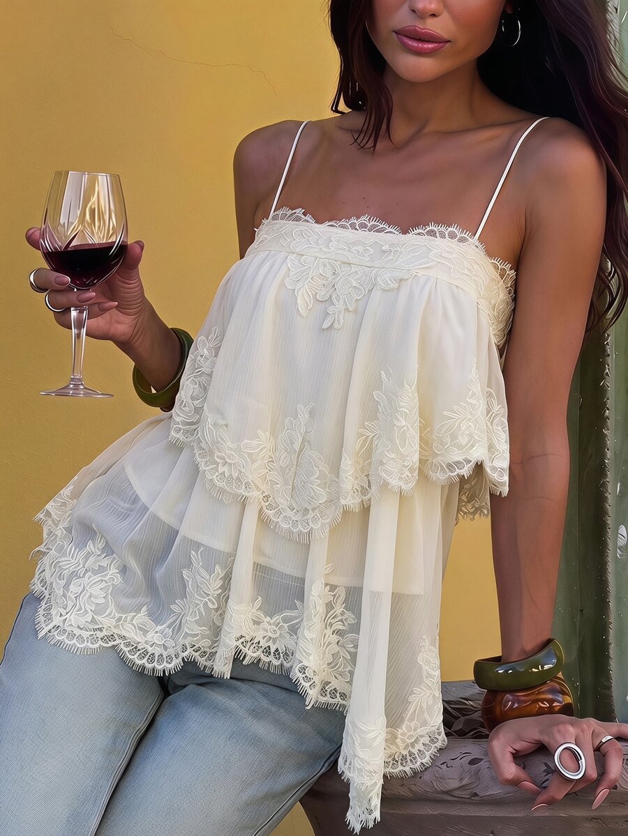 Opulessa Women's Lace Patchwork Casual Versatile Daily Wear Camisole Top - Beige - View 1
