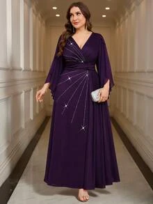 Reflora Plus Size Women's Elegant Casual Dress With Overlap V-Neck, Bell Sleeves And Ruched Waist Wedding Christening Guest Formal Brunch Dinner - Purple - View 2