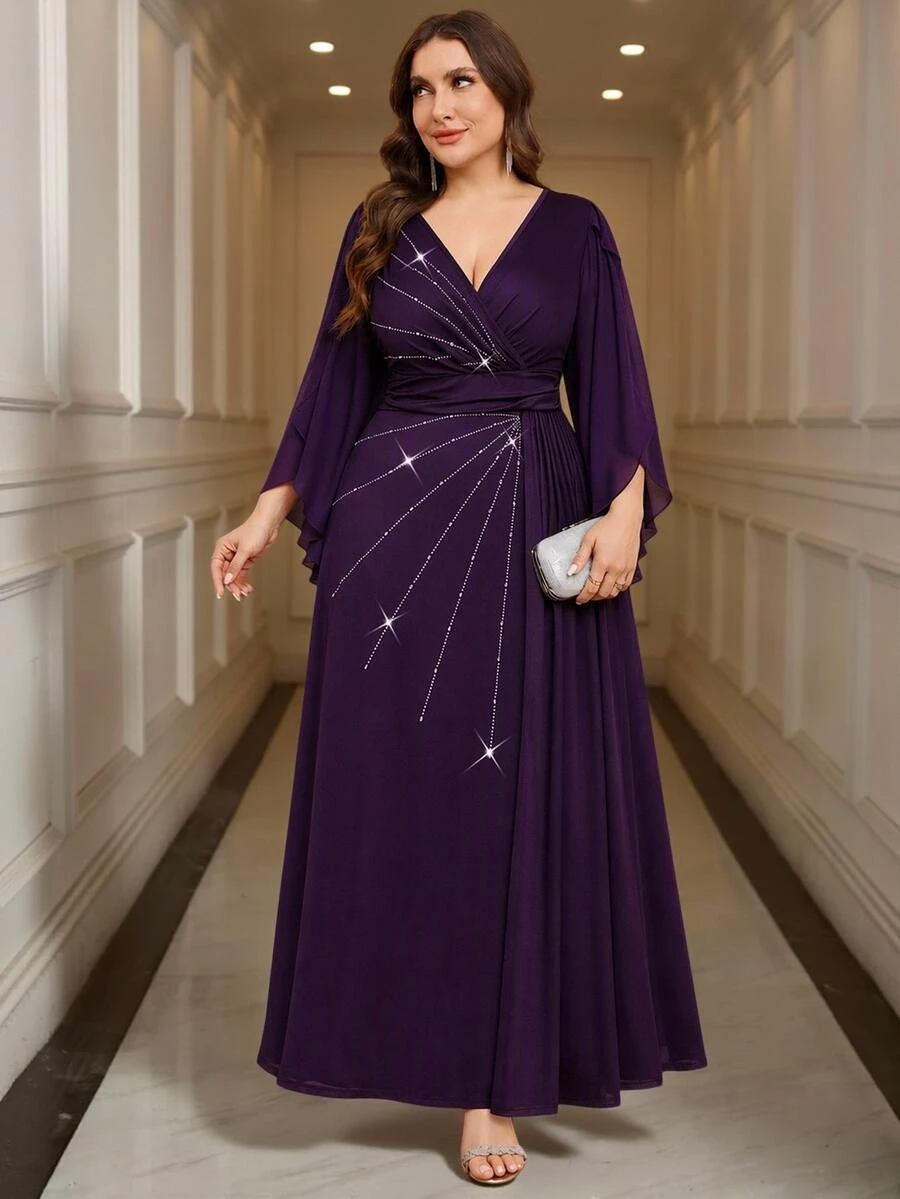 Reflora Plus Size Women's Elegant Casual Dress With Overlap V-Neck, Bell Sleeves And Ruched Waist Wedding Christening Guest Formal Brunch Dinner