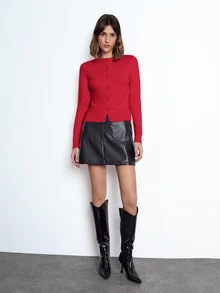 Maija Women's Elegant Red Solid Color Round Neck Button Long Sleeve Knitted Cardigan,Chic Office Casual Top For Autumn,Back-To-School Versatile Daily Wear - Red - View 6