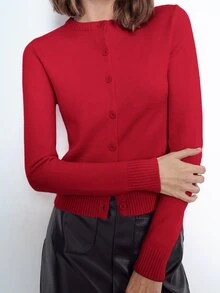 Maija Women's Elegant Red Solid Color Round Neck Button Long Sleeve Knitted Cardigan,Chic Office Casual Top For Autumn,Back-To-School Versatile Daily Wear - Red - View 2