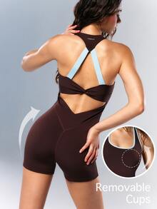 VARSIVA Women's Dark Brown Colorblock Fitted Athletic Modest Athleisure Romper Gym Fall - Multicolor - View 3