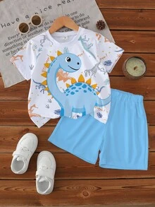 SHEIN 1 Set Young Boys' Casual Fashion White Summer Dinosaur Print Crew Neck Short-Sleeve T-Shirt And Matching Shorts Set,Vacation Beach Seaside Outfit - Multicolor - View 4