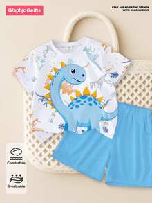 SHEIN 1 Set Young Boys' Casual Fashion White Summer Dinosaur Print Crew Neck Short-Sleeve T-Shirt And Matching Shorts Set,Vacation Beach Seaside Outfit - Multicolor - View 7