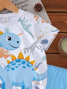 SHEIN 1 Set Young Boys' Casual Fashion White Summer Dinosaur Print Crew Neck Short-Sleeve T-Shirt And Matching Shorts Set,Vacation Beach Seaside Outfit - Multicolor - View 5